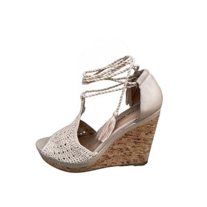 Crochet Lace Up Platform Cork Wedge Open Toe Sandals Size 10